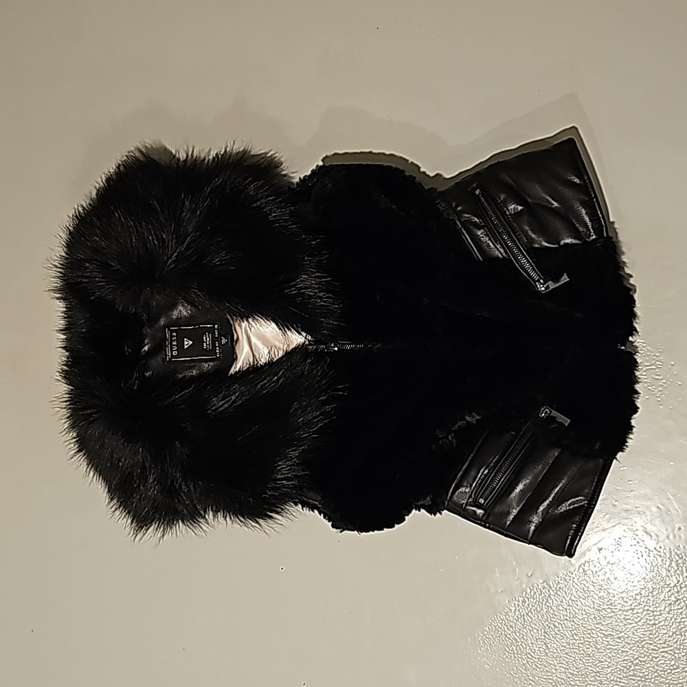 Guess Faux Fur and Faux Leather Zip-Up Vest, Size M